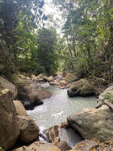The image depicts a serene river flowing through a lush forest, flanked by large rocks and boulders, with a gentle current and vibrant greenery surrounding it.