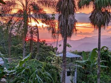 The image depicts a serene tropical landscape at sunset, featuring palm trees, lush vegetation, and a distant mountain range, with a small building in the foreground.